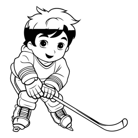 Cute boy playing hockey. Black and white vector illustration for