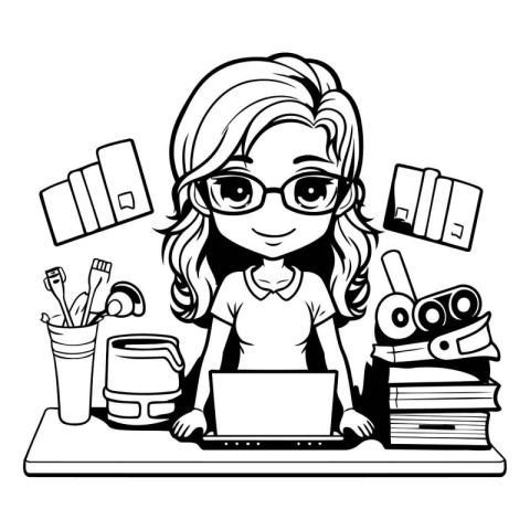 Black and White Cartoon Illustration of Girl Student with Laptop