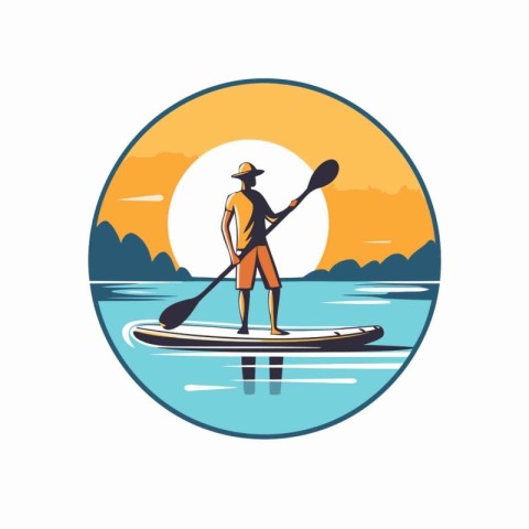 Man paddling a stand up paddle board on the lake. Vector illustr