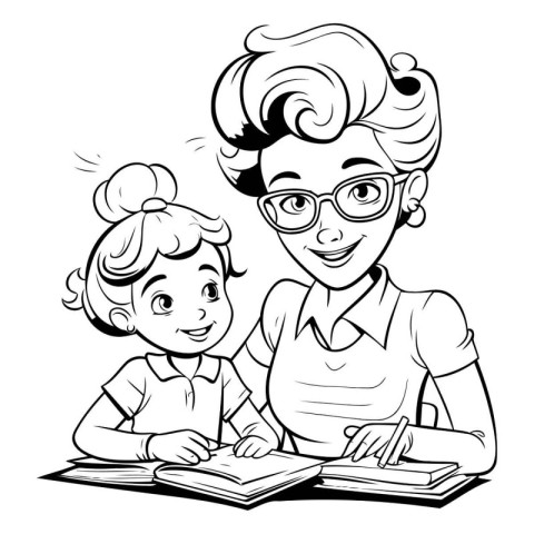 Black and White Cartoon Illustration of Mother Reading Book to h