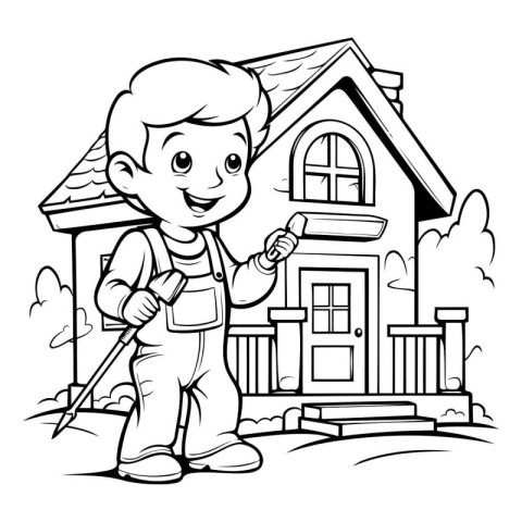 Black and White Cartoon Illustration of Kid Boy Gardening or Rep