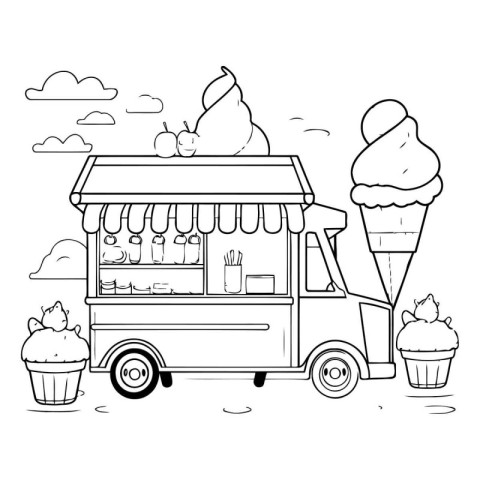 Ice cream truck with ice cream cone and cupcake vector illustrat