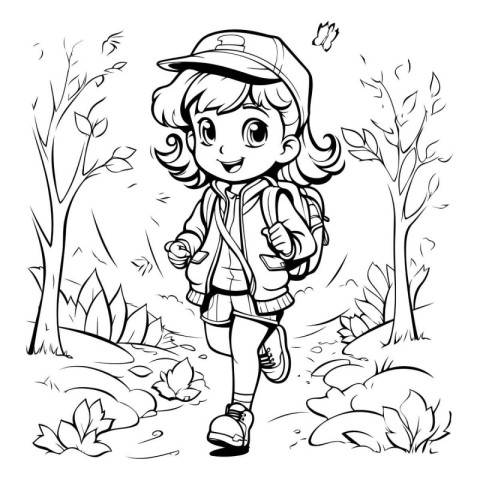 Cute little girl walking in the forest. Vector illustration for