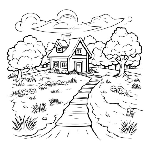 House in the meadow. Black and white vector illustration for col