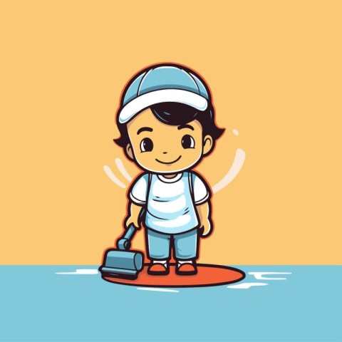 Cute boy surfing in the sea. Vector illustration of cartoon char