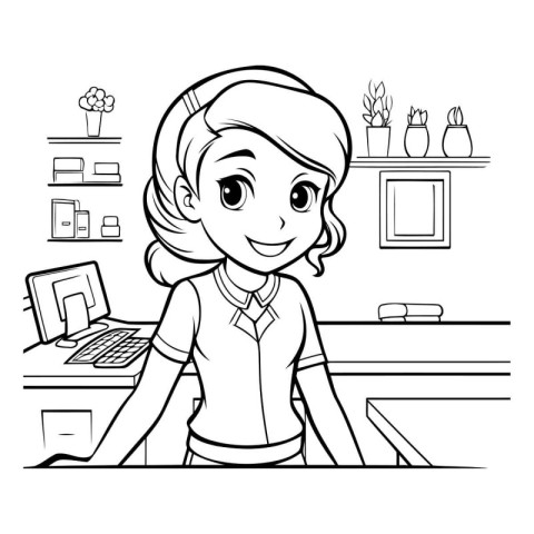 Black and White Cartoon Illustration of Girl Working at Home or