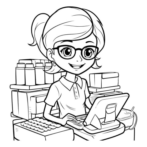 Teenager girl working at a computer. Black and white illustratio