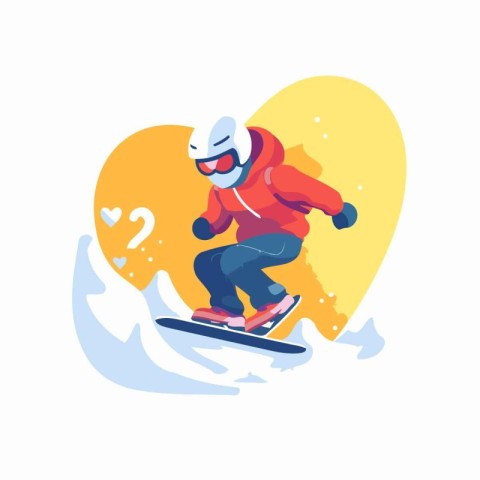 Snowboarder in red jacket and helmet riding on snowboard. Flat v