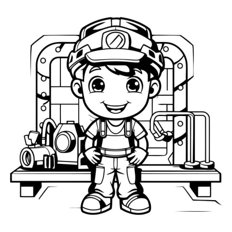 Black and White Cartoon Illustration of Cute Little Boy Construc