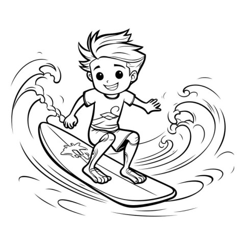 Vector illustration of a boy surfing in the waves. Coloring book