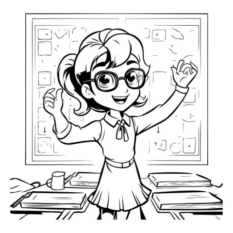 Black and white illustration of a schoolgirl raising her hands i