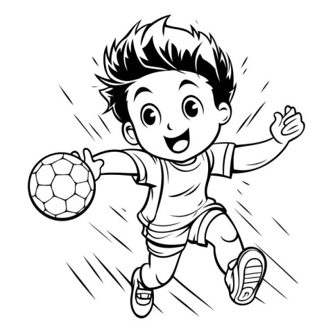 Cartoon soccer player with ball. Black and white vector illustra