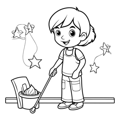 Coloring Page Outline Of Cartoon Boy Cleaning The Floor With Mop