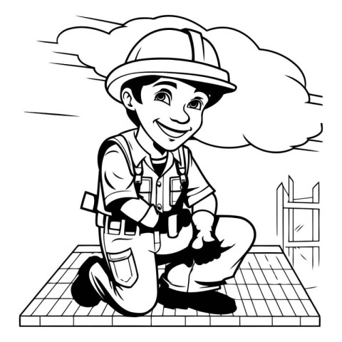 Black and White Cartoon Illustration of a Construction Worker or