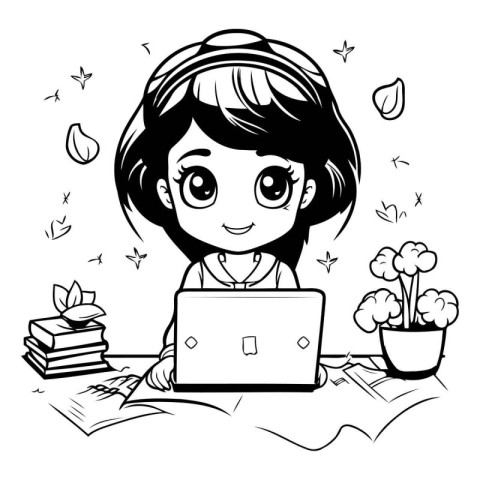 Cute girl with laptop and books. Vector illustration. Black and