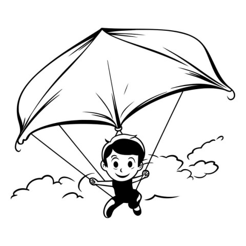 Boy flying with parachute isolated on white background. Black an