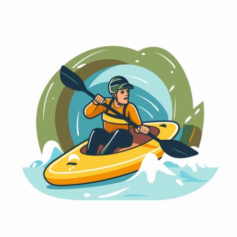 Kayaking man in kayak. Vector illustration in flat style.