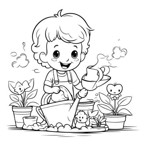 Vector Coloring Page Outline Of a Little Boy Watering Plants