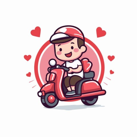 Cute boy riding a scooter with hearts around him. Vector illustr