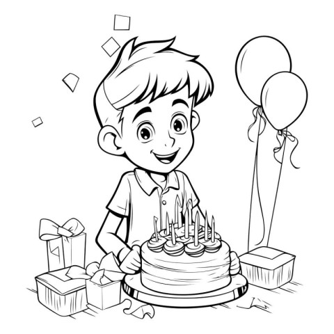 Boy with birthday cake and gift boxes. Vector illustration for c