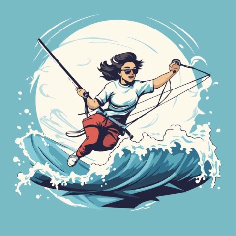 Kitesurfer surfing on the waves. Vector illustration in retro st