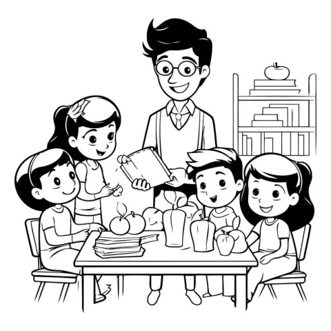 Teacher with students in the classroom black and white vector il