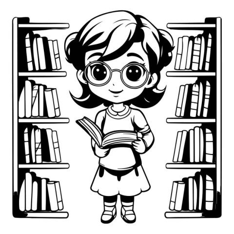 Girl reading a book in the library. Black and white vector illus