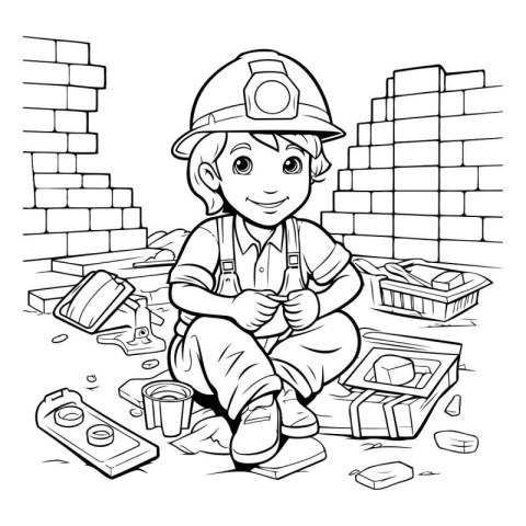 Black and White Cartoon Illustration of a Kid Boy Construction W