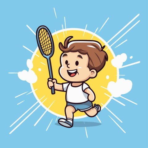 Boy playing badminton vector illustration. Cartoon style. Vector