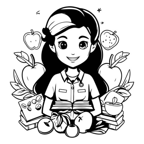 Girl with apple and book. Black and white illustration for color