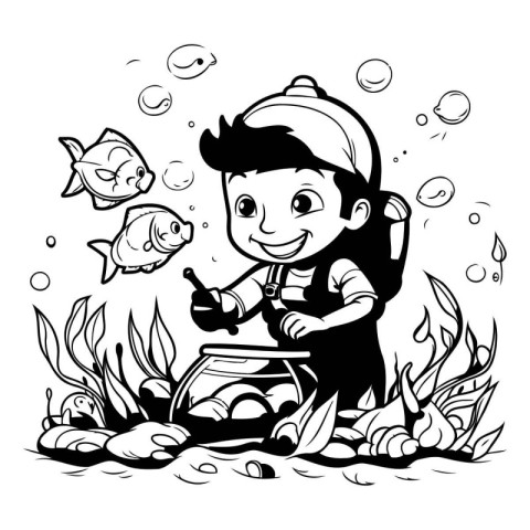 Little boy fishing in a fish tank. Black and white vector illust