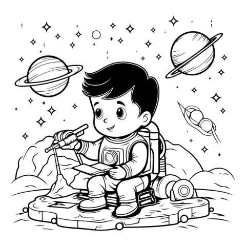 Vector illustration of a boy in outer space. Coloring book for c