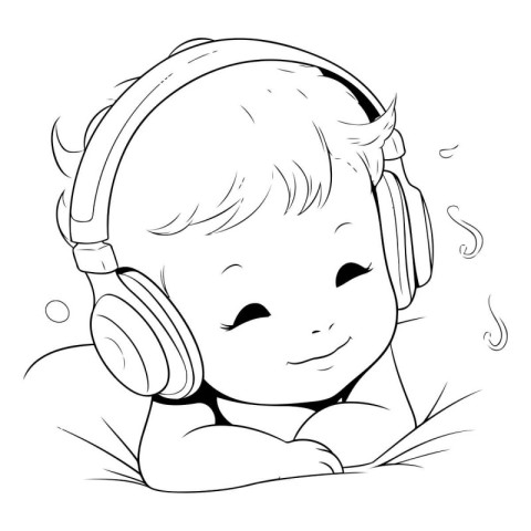 Cute baby boy listening to music with headphones. Vector illustr