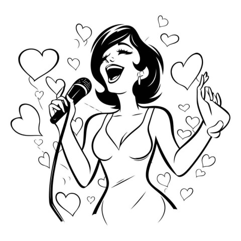 Beautiful girl singing karaoke with hearts. Vector illustration.