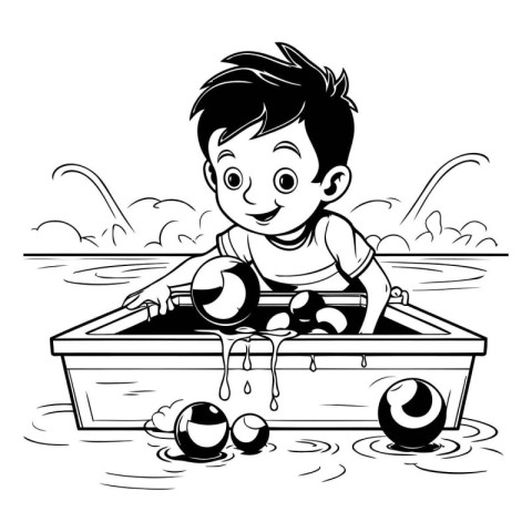 Cute little boy playing in the water. black and white vector ill