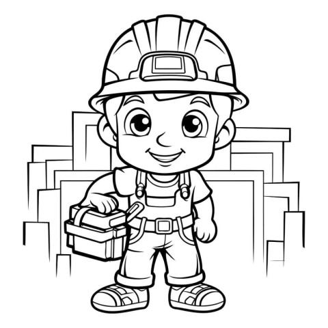 Black and White Cartoon Illustration of Cute Little Boy Construc