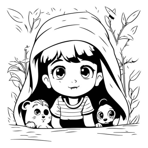 Black and white illustration of a little girl hiding behind a tr