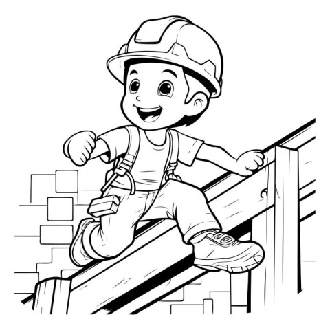 Black and White Cartoon Illustration of Kid Boy Construction Wor