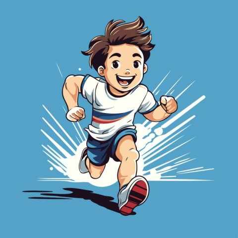 Vector illustration of a running boy on a blue background. Sport