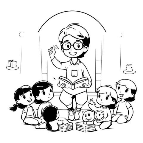 Boy reading a book to his friends. Black and white vector illust