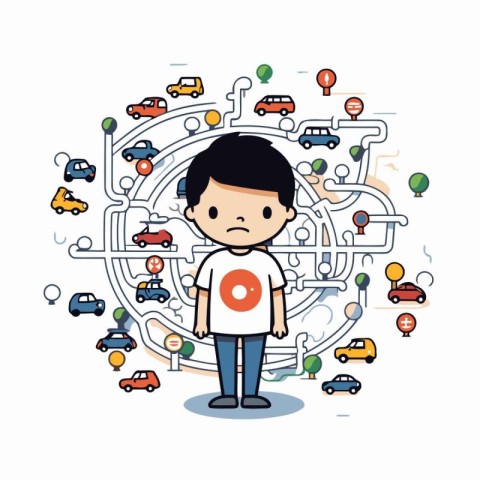 Cartoon boy with traffic map and cars on the road. Vector illust