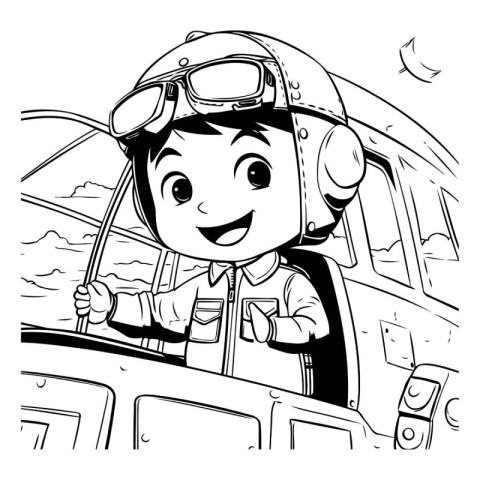 Black and White Cartoon Illustration of Happy Kid Boy Pilot Char