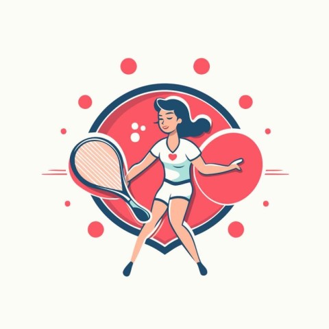 Tennis player woman with racket and ball. Flat vector illustrati