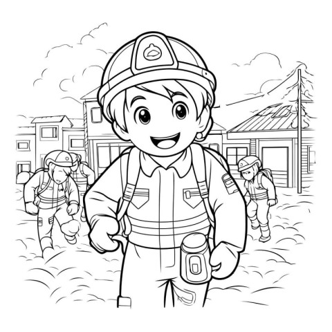 Fireman on the background of a burning house. Coloring book for