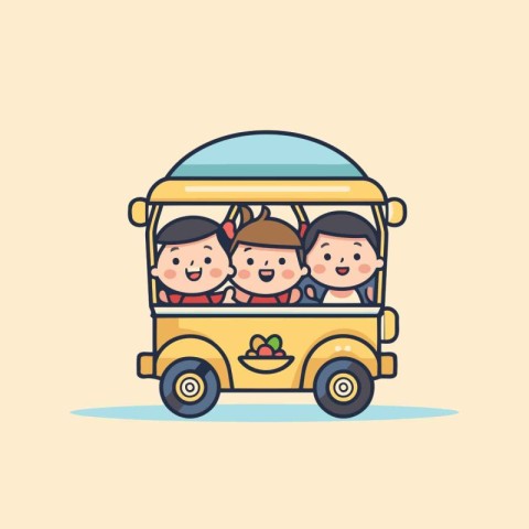 Cute kids in school bus. Vector illustration. Flat style.