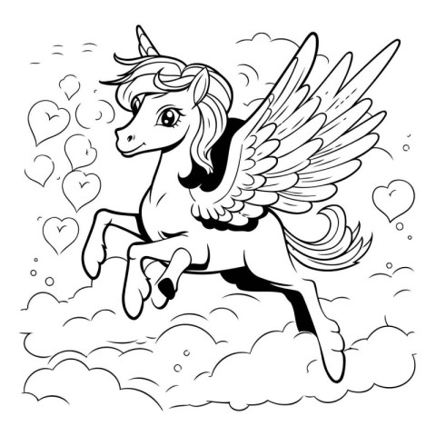 Unicorn flying on clouds. Black and white vector illustration fo