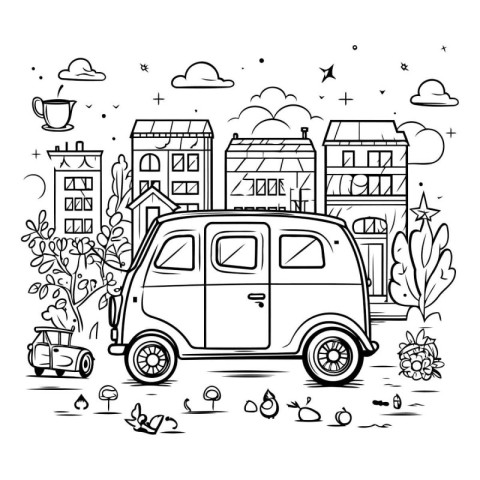 Vintage retro car in the city. Hand drawn vector illustration.