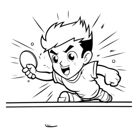 Boy playing table tennis - Black and White Cartoon Illustration.