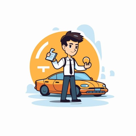 Businessman with car and key. Vector illustration in cartoon sty