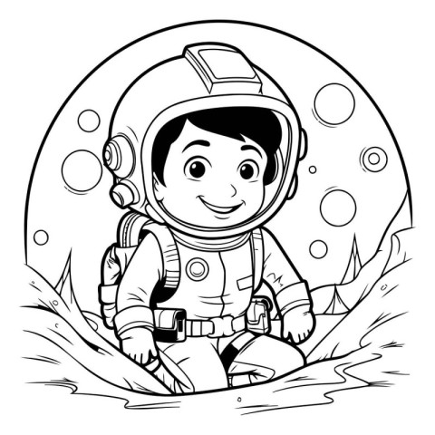 Black and White Cartoon Illustration of Cute Little Astronaut Bo